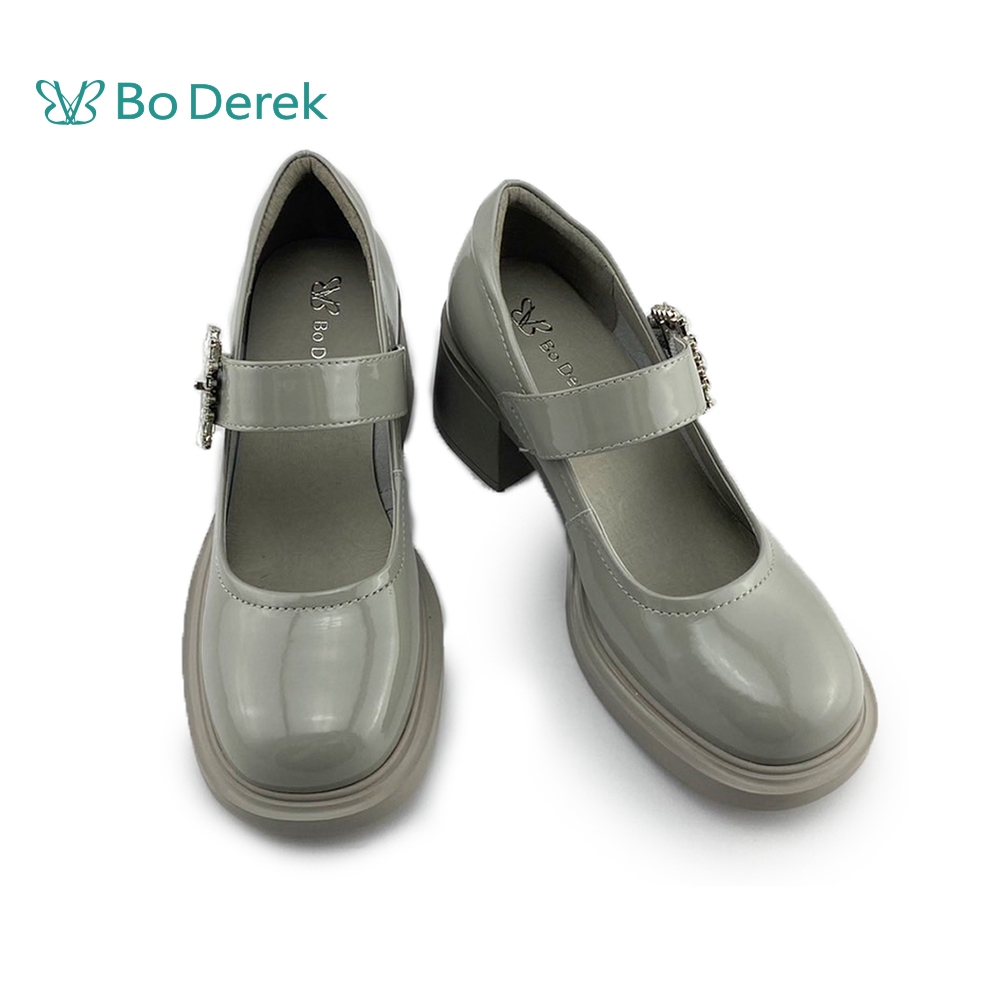 Bo Derek 復古日常牛皮純色瑪莉珍厚底鞋－灰色