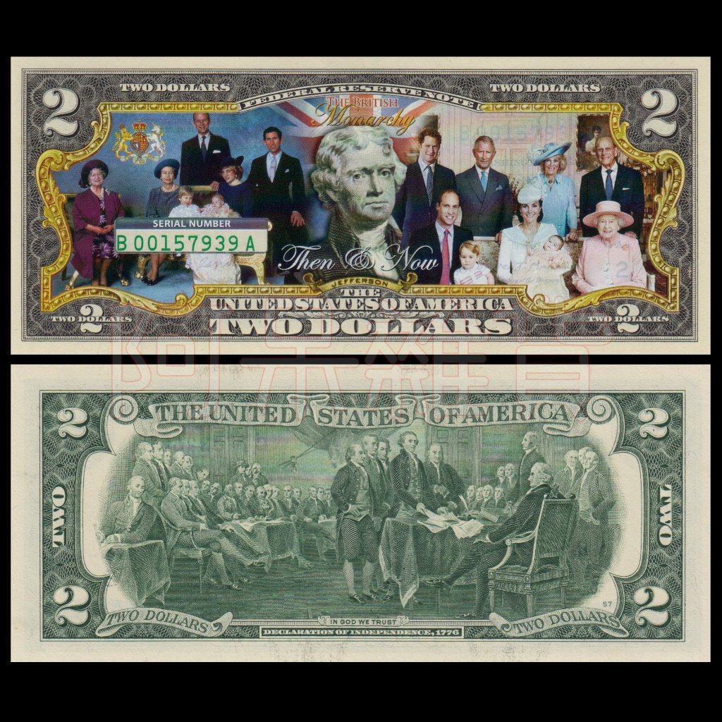 麥擱問阿 彩色版真鈔 英國王室成員 2美元 英國女王 查爾斯 黛安娜 威廉 美金美元 混合塑料 鈔票 美國 非現行流通