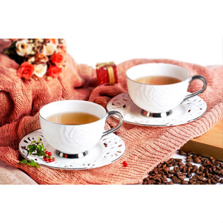 骨瓷咖啡對杯組-典藏玫瑰-金-銀(杯 水杯 杯子 咖啡杯 咖啡對杯 馬克杯 午茶杯 午茶組 花茶杯 伴手禮 送禮)