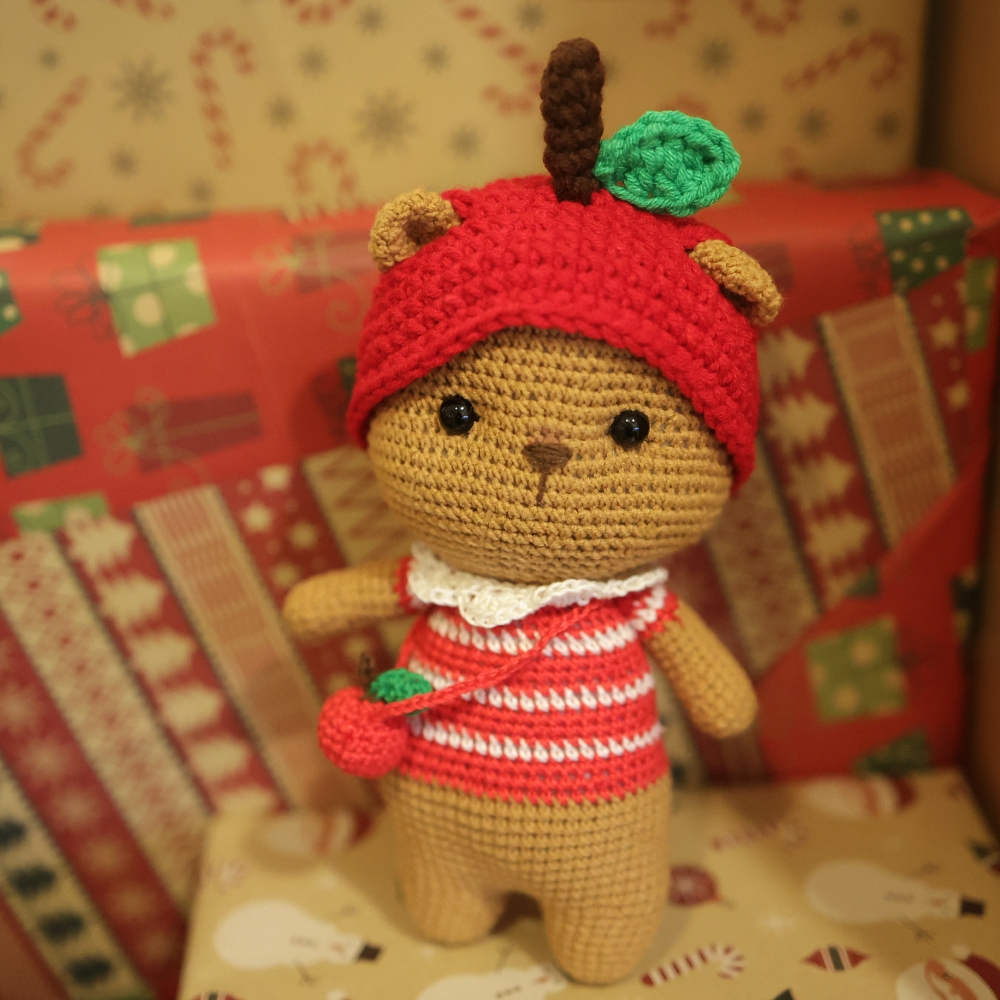 聖誕 小熊 蘋果帽 毛線娃娃 勾針 編織 芒果手作