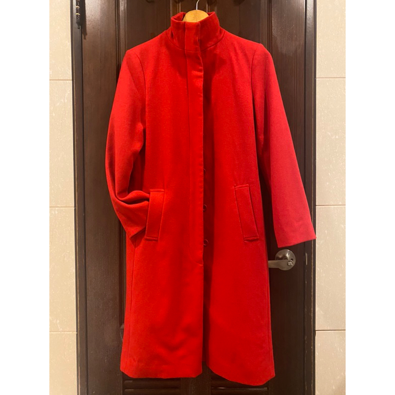 日本製大紅色羊毛立領長大衣made in Japan