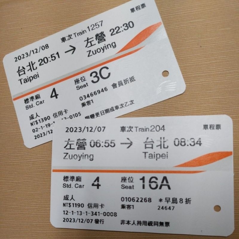 收藏用*112年（2023） 12月高鐵票根/左營/台北