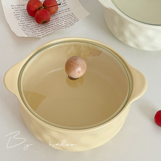 【現貨】ʜᴀʟᴏᴏ’ꜱ ʀᴏᴏᴍ 🧸法式奶油雙耳陶瓷大碗 湯碗 玻璃蓋泡麵碗