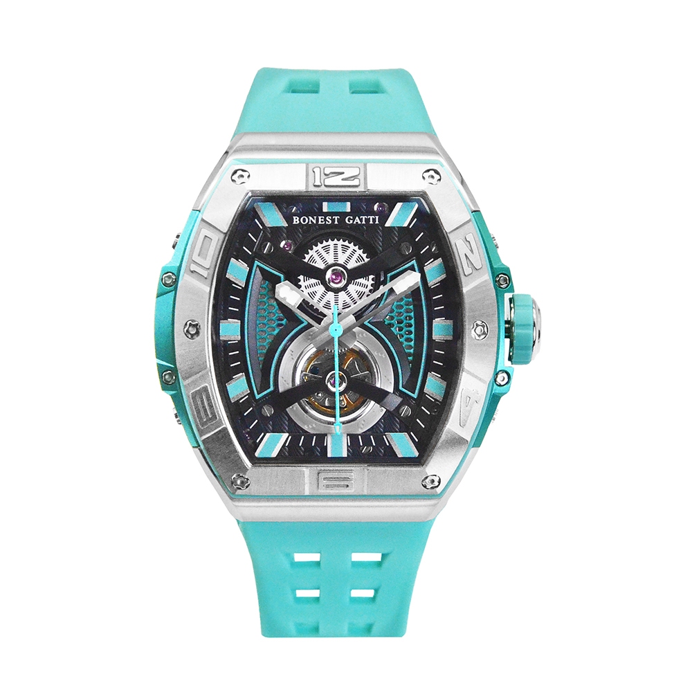 BONEST GATTI | 原廠授權布加迪 黑金款 放射型刻度 酒桶造型 湖水藍氟橡膠錶帶 自動上鍊機械腕錶