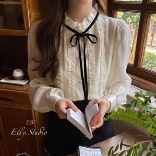 【Elly.Studio】❤️現貨❤️法式木耳邊綁帶襯衫(杏)宮廷風甜美氣質上衣