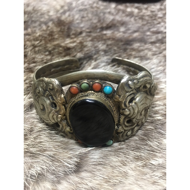 銀製鑲黑瑪瑙手環（老件）16-22圍