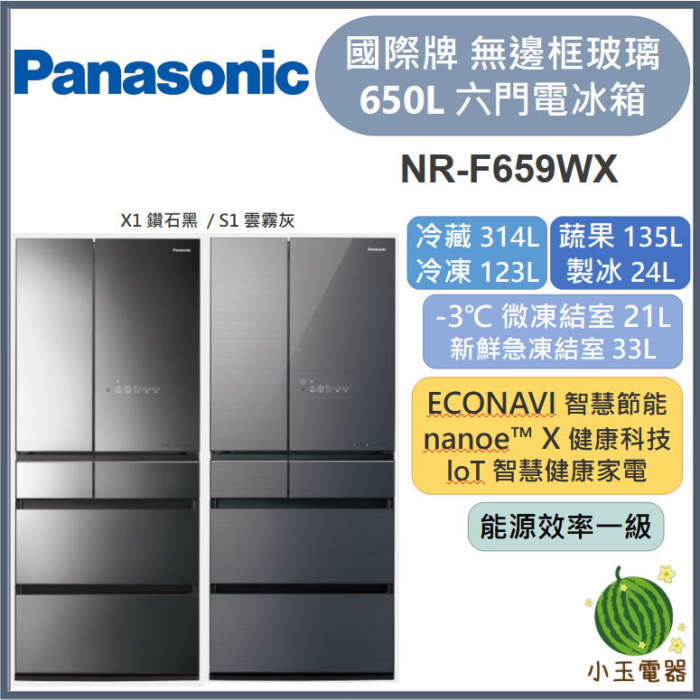 【小玉電器】Panasonic國際牌 650L 無邊框鏡面玻璃6門電冰箱 NR-F659WX【雙北外運送安裝請聊聊詢問】