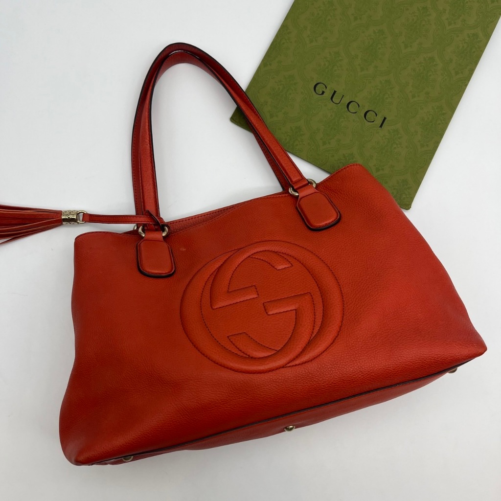 【哈極品】美品《GUCCI 古馳 橘紅色 全皮SOHO流蘇肩背包/手提包》