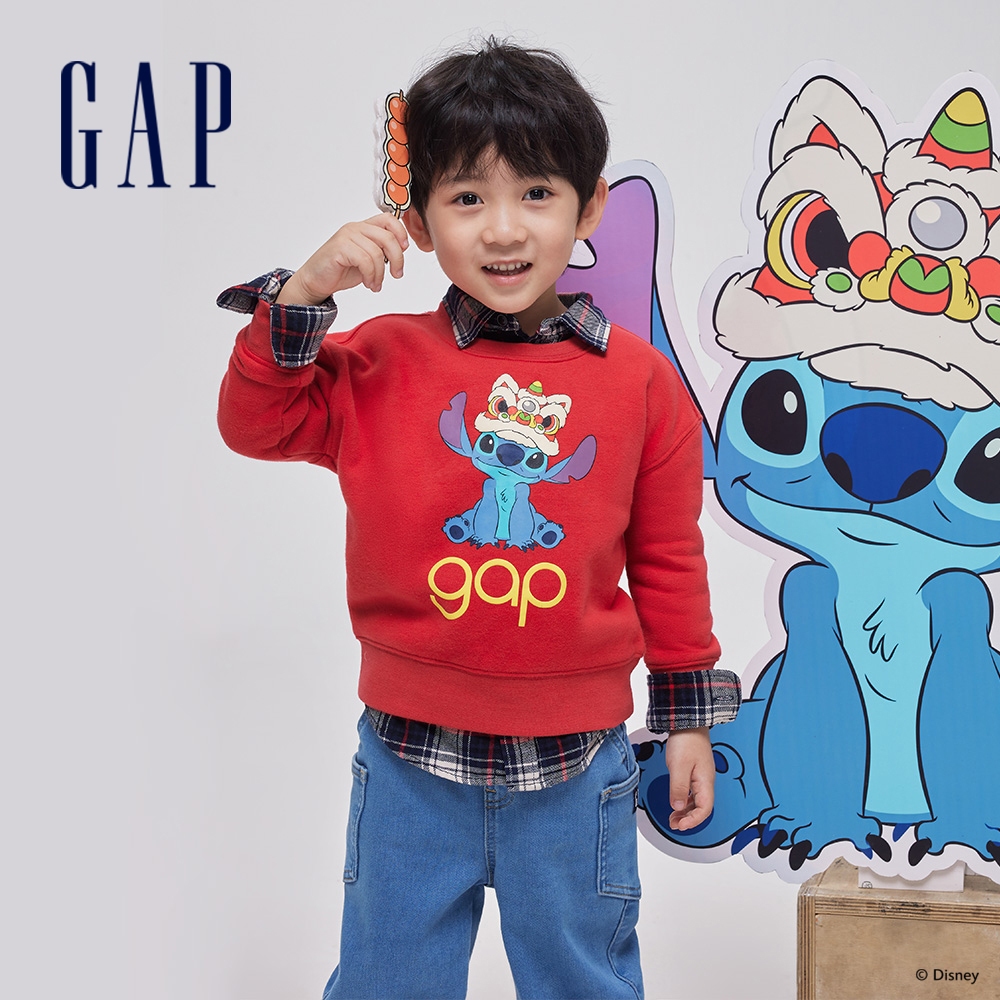 Gap 男幼童裝 Gap x 史迪奇聯名 Logo印花刷毛圓領大學T-紅色(847357)