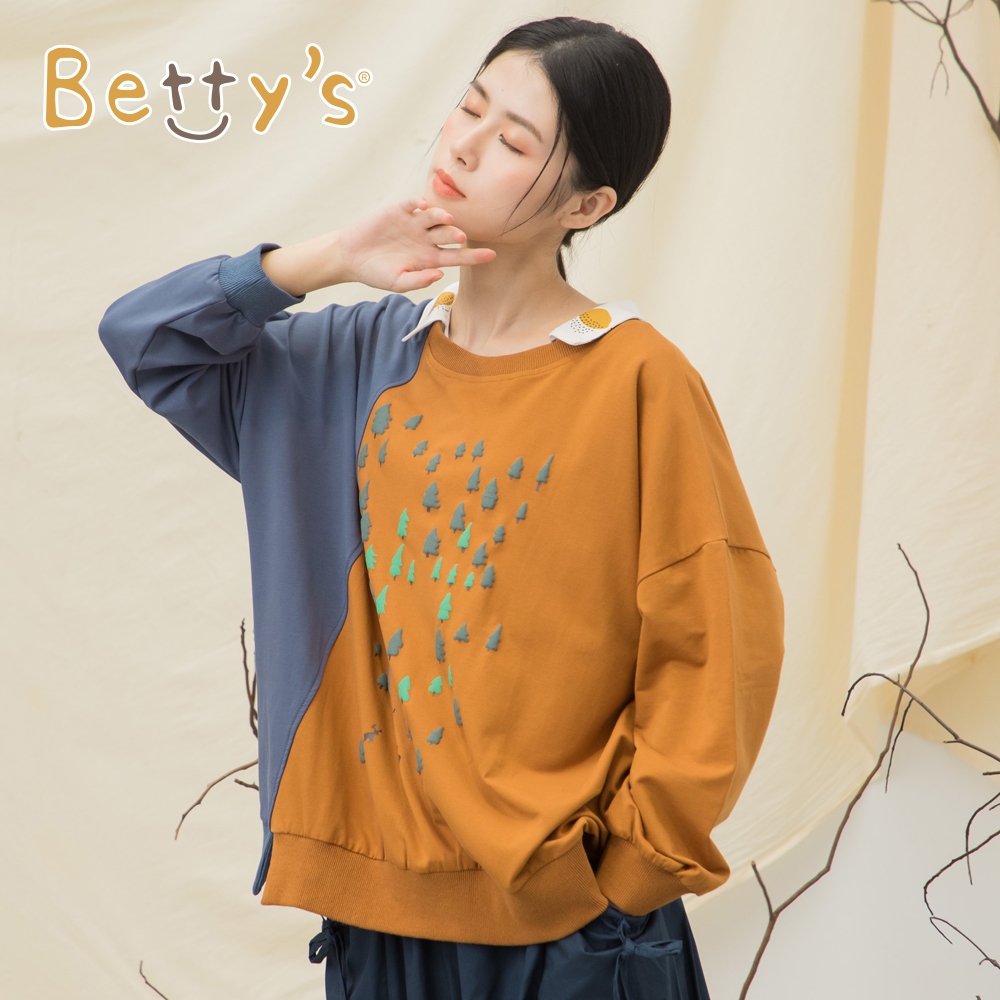 betty’s貝蒂思(15)小樹印花拼接大學T-shirt(卡其)