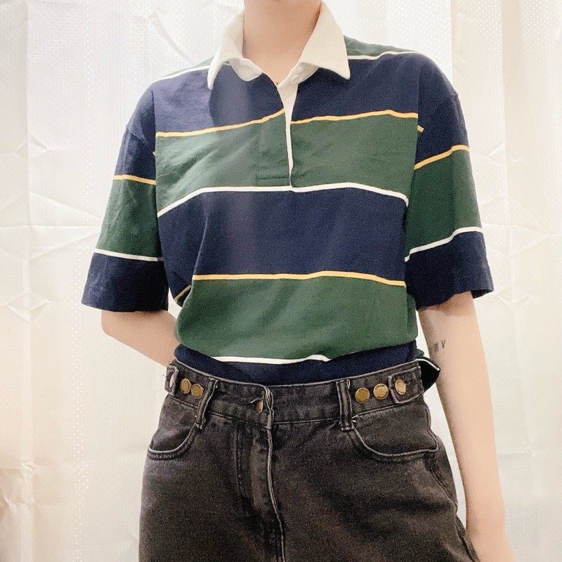 {全新} Uniqlo 老爹感 深藍綠條紋 polo 衫