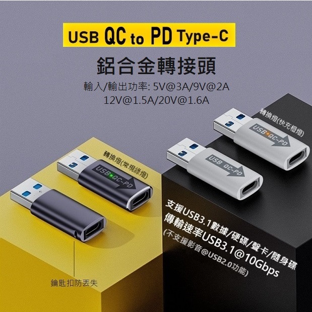 【勁祥科技】QC轉PD鋁合金轉接頭A公轉C母内置芯片USB3.1數據傳輸充電10Gbps