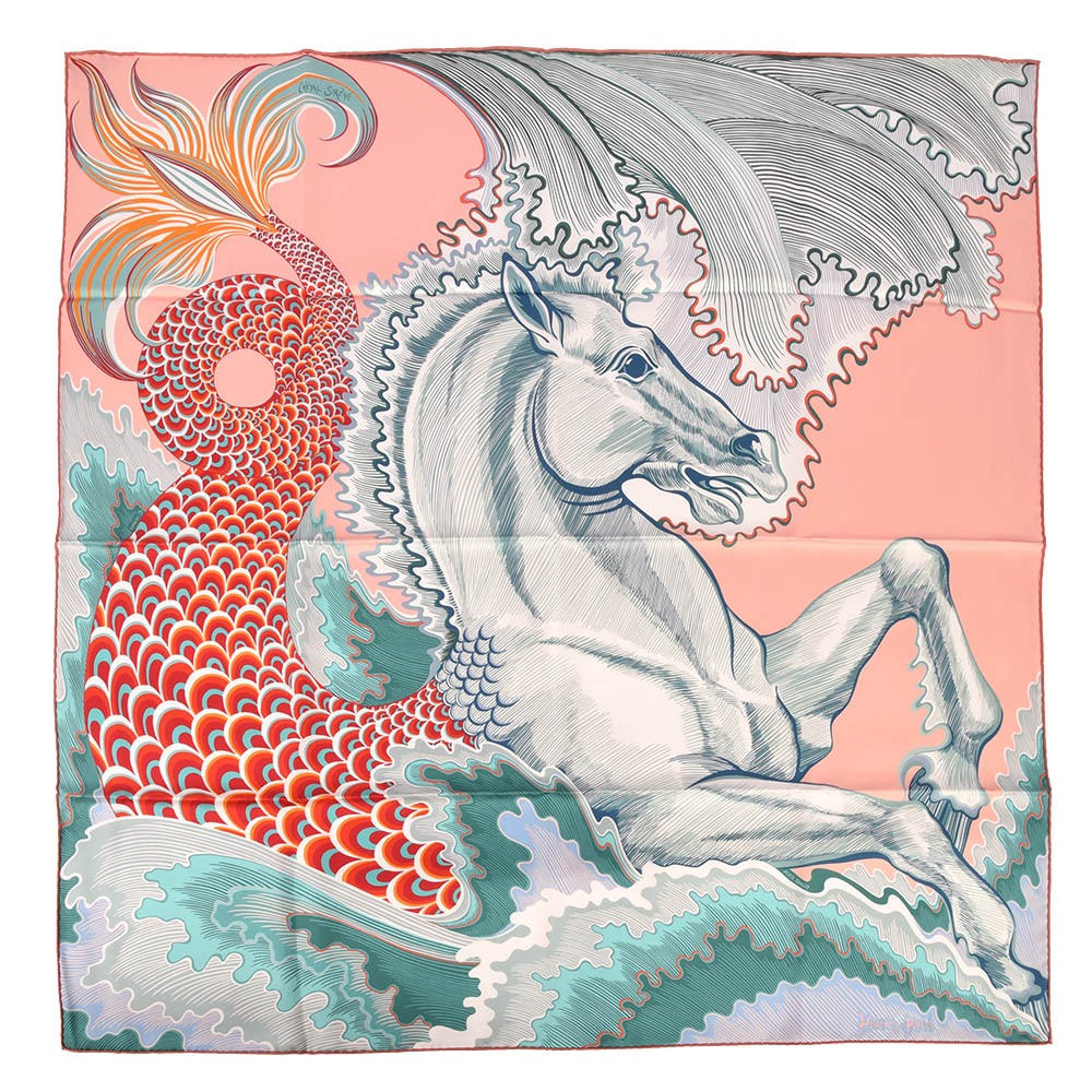 HERMES Cheval Sirene人魚馬雙面用斜紋真絲方巾90cm(玫粉/湖綠)370073