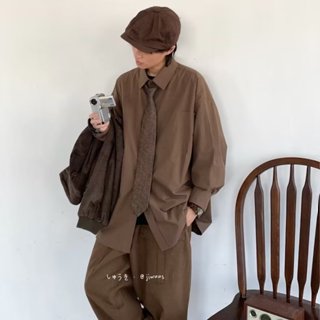 日系古著工裝襯衫 翻領長袖襯衫 男女寬鬆 OVERSIZE 上衣男 純色 慵懶風 復古 寬鬆 古著 長袖 襯衫外套 D1