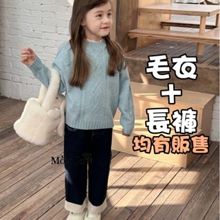 【MJ萌揪】臺灣現貨~冬季女童裝柔軟百花絨假兩件甜美蕾絲花邊領針織毛衣 兒童長袖上衣 韓版新款兒童潮酷 長袖上衣