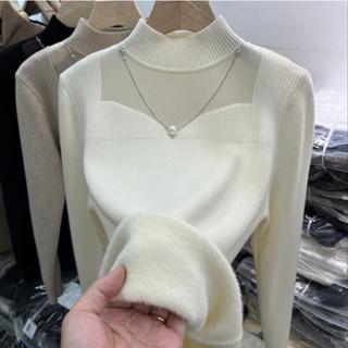 衣時尚 上衣 針織衫 毛線衣 保暖 新款網紗拼接項鍊加絨加厚針織衫女上一體絨打底衫毛衣MA133-3522.