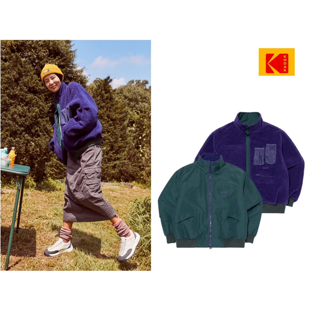 現貨特價-綠/紫色M號❗️韓國官方限定柯達 Kodak 23FW 男女裝 露營風 雙面穿抓絨外套