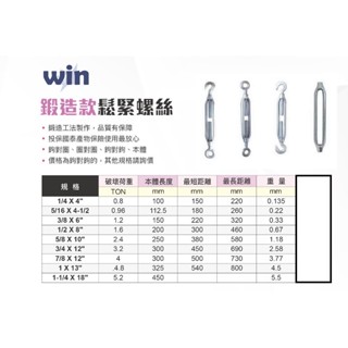 WIN 五金 WIN鍛造鍍鋅 鉤對鉤 5/8-1英吋 螺絲 鬆緊器 伸縮器 鬆緊螺絲 連結 雙鉤 逼緊器 手拉吊車