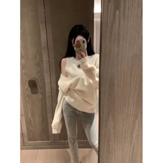［ohya梨花 ] =韓國帶回=秋冬季性感名媛時髦歐美博主同款時髦簡單白色/灰色露肩縷空兩件式顯瘦造型上衣罩衫