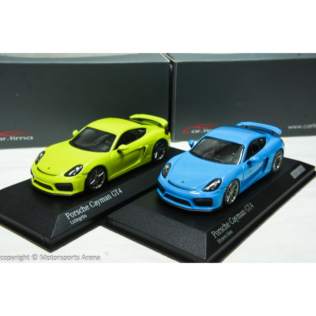 【現貨特價】1:43 Minichamps Porsche Cayman GT4 981 Coupe 2015 藍/綠色