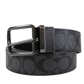 COACH 男款 緹花LOGO鐵灰釦頭雙面用寬版皮帶-黑色/灰黑 【美國正品現貨】