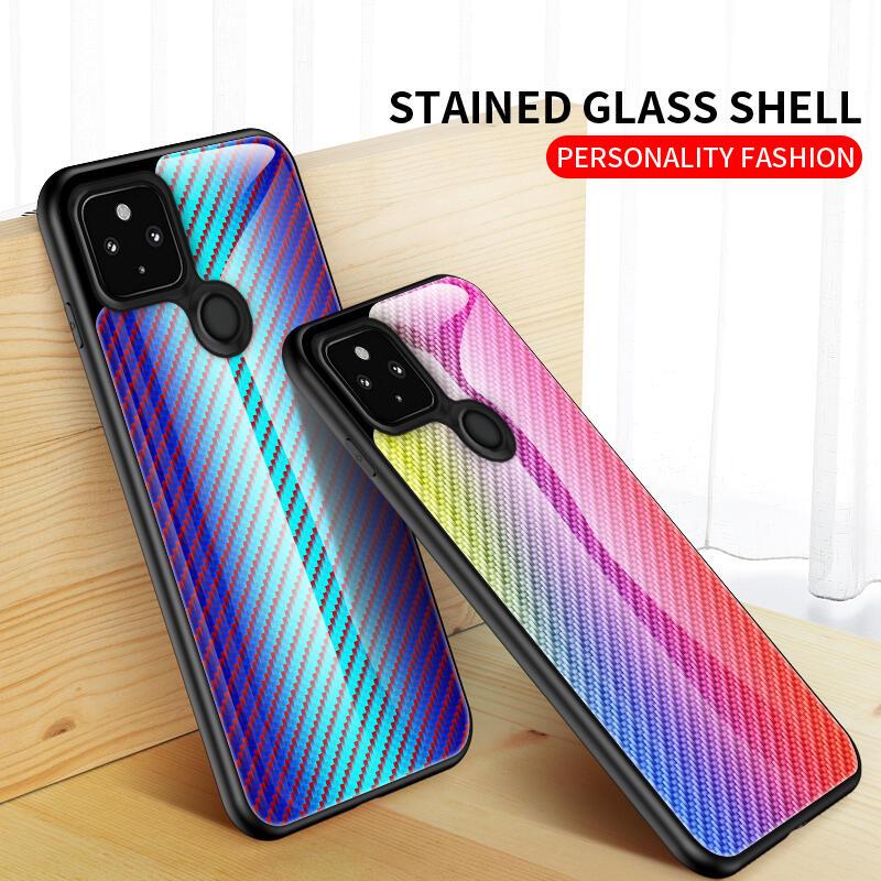 彩色玻璃 谷歌 Pixel 5 5G 手機殼 防摔 保護殼 鋼化玻璃背蓋 矽膠軟邊 保護套 手機套 外殼 後殼 碳纖維紋