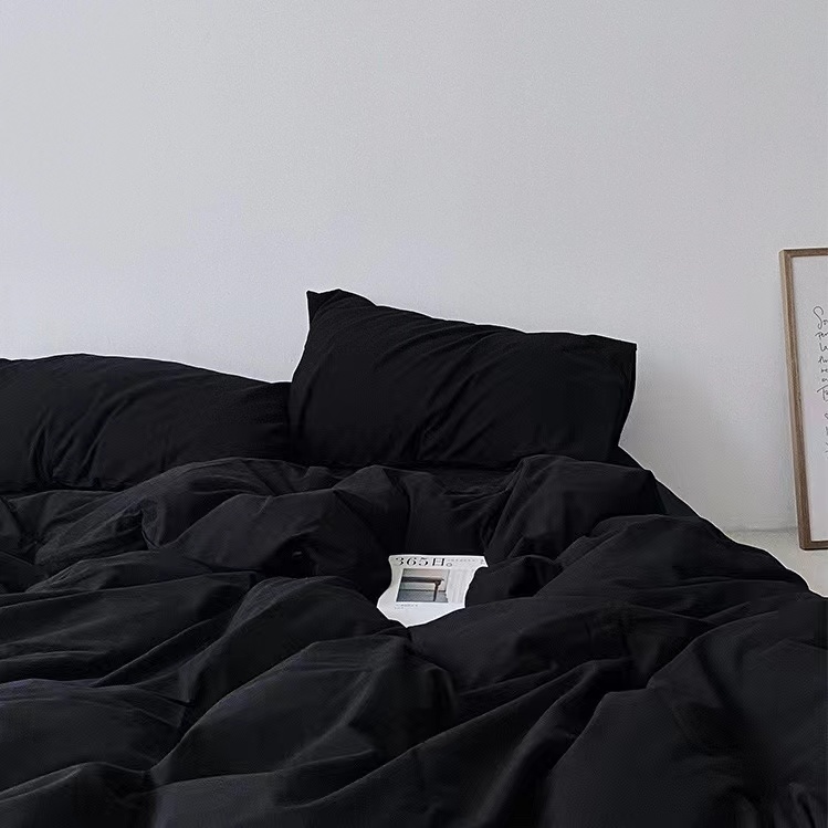 北歐風黑色禁慾水洗棉床單被套四件組 闇黑係 素色床單 純色床包組 床單式 枕套 雙人 加大床罩 床笠