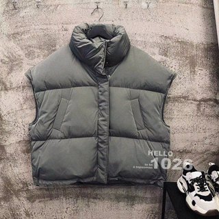 +1026+歐美率性 煙灰色鋪棉背心 保暖羽絨背心 長版大背心 澎澎運動背心 落肩寬男友風背心 寬鬆無袖 羽絨鋪棉大背心