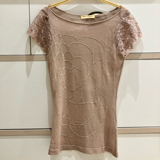 velda bretuccini 藕色亮片花朵蕾絲袖透膚上衣
