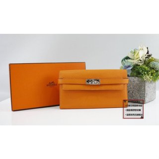 優買二手精品名牌店 HERMES KELLY 橘色山羊皮 銀釦 三折 零錢 信用卡 凱莉夾 發財包 長夾 皮夾 錢包 美