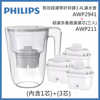 飛利浦 PHILIPS AWP2941帶計時器/AWP2937長效超濾濾水壺3.4L(內含1芯)/濾心三入A