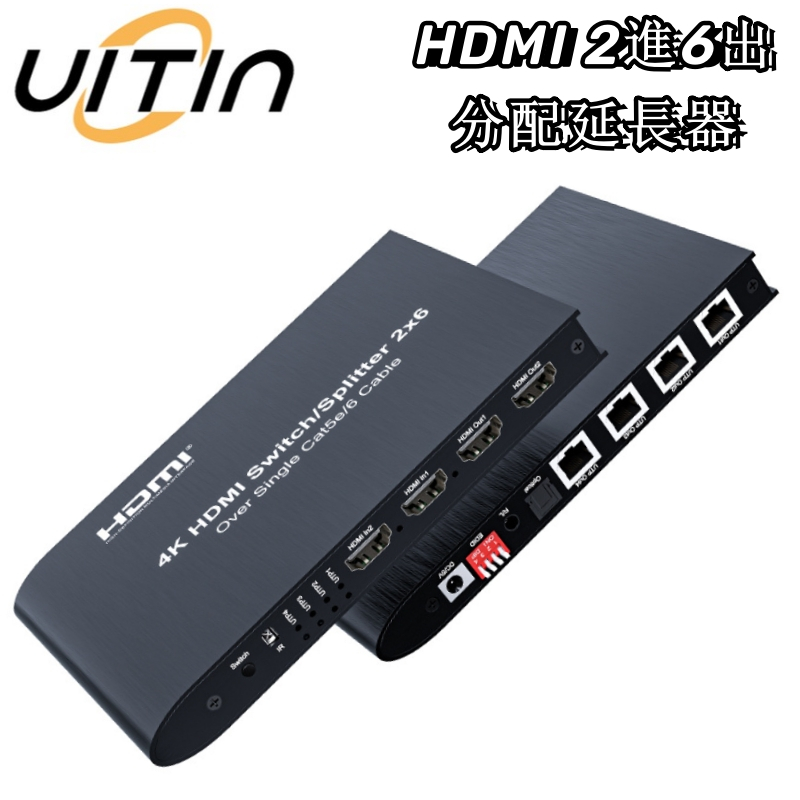 HDMI 2進6出 切換分配延長器 超清4K@30Hz音頻分離 2分6 RJ45傳輸支援100米傳輸附遙控切換 六路輸出