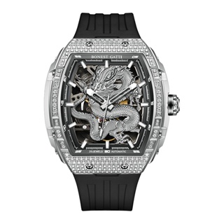 BONEST GATTI布加迪 生肖款 龍年 晶鑽銀框 酒桶造型 氟橡膠錶帶 自動上鍊機械腕錶