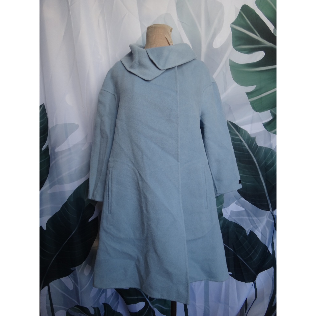 正品 giordano ladies hand made 水藍灰色雙面穿 七分袖羊毛大衣/外套 size: 2
