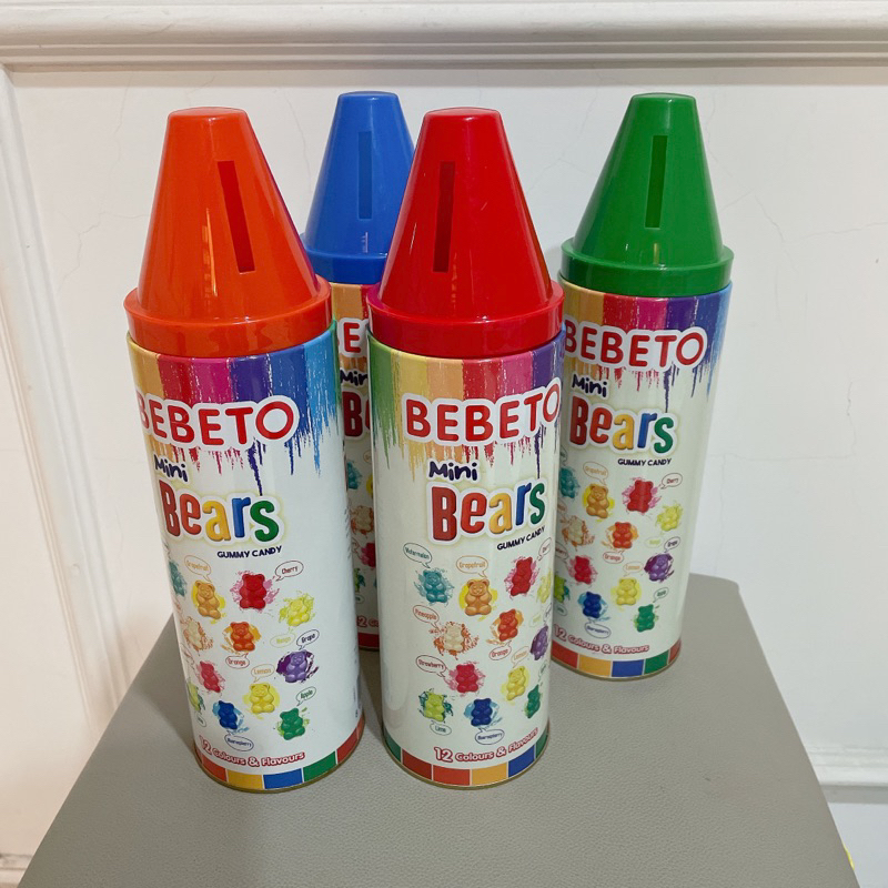 (空罐）Bebeto 土耳其蠟筆造型 彩虹熊軟糖  存錢桶 存錢箱 收納罐 造型鐵盒