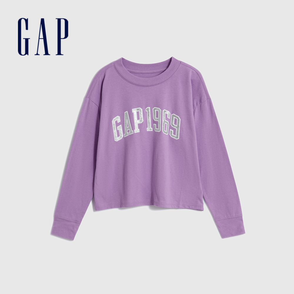 Gap 女童裝 Logo純棉印花圓領長袖T恤-紫色(788206)