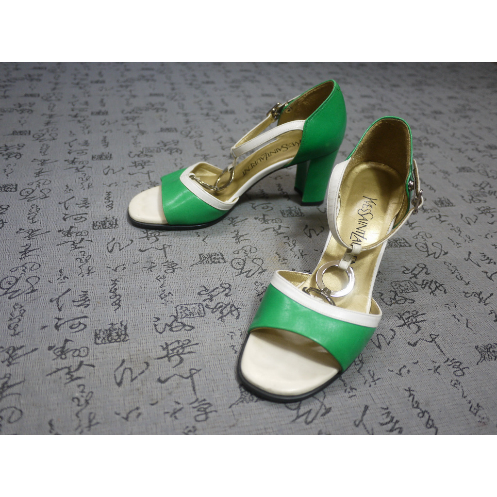 Yves Saint Laurent YSL 雙色真皮粗跟涼鞋 USA 5.5 EUR 35.5 JPN 22.5