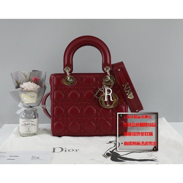 ☆優買二手精品名牌店☆ Dior CD LADY M0538 玫瑰紅 羊皮 金釦 黛妃包 手提包 斜背包 4X5 絕美