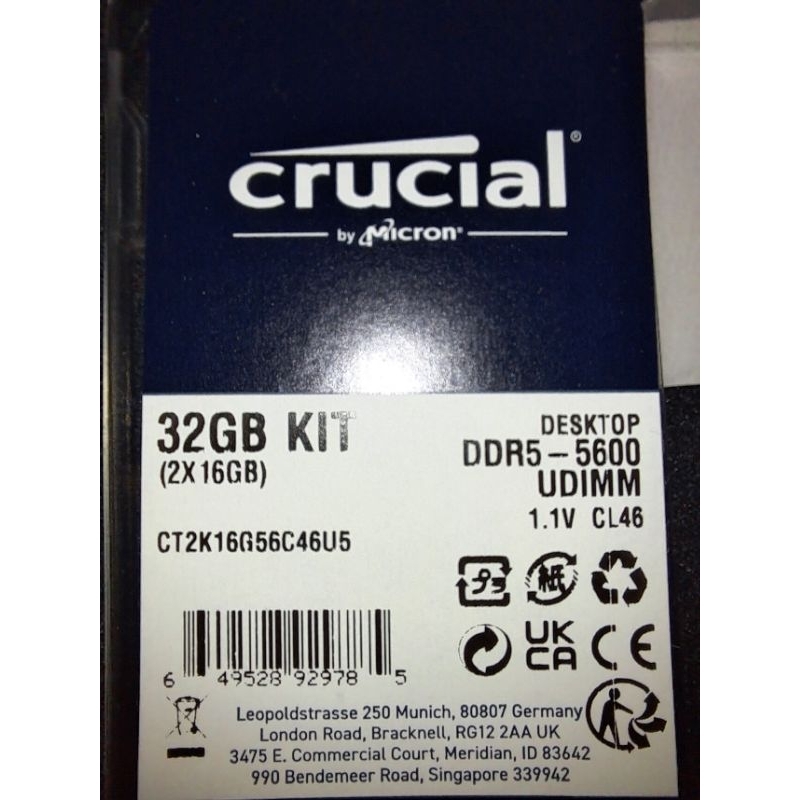 美光Crucial 32GB Kit (2x16GB)雙通道 DDR5-5600(👍穩定原生顆粒)**二手新品