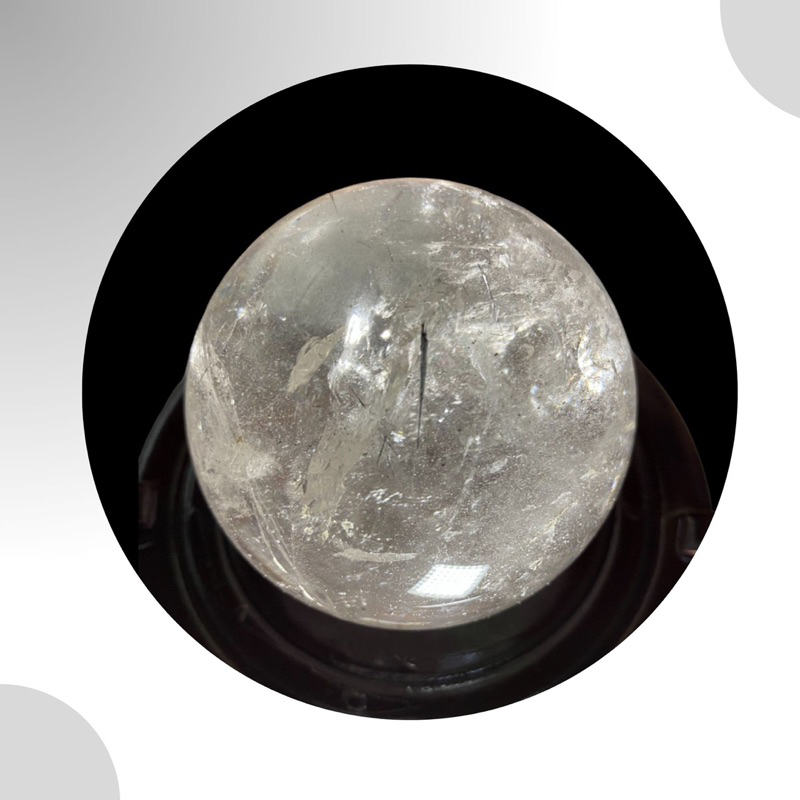 75mm天然白水晶球(內含黑髮晶) 含木座 淨化磁場 居家擺設 實品拍攝