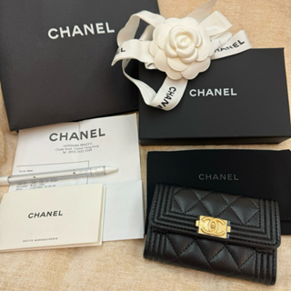 全新 CHANEL 香奈兒 boy 黑色 黑金 單層卡包 卡夾 短夾 皮夾 錢包 零錢包 正品 全配 防刮 牛皮 荔枝紋