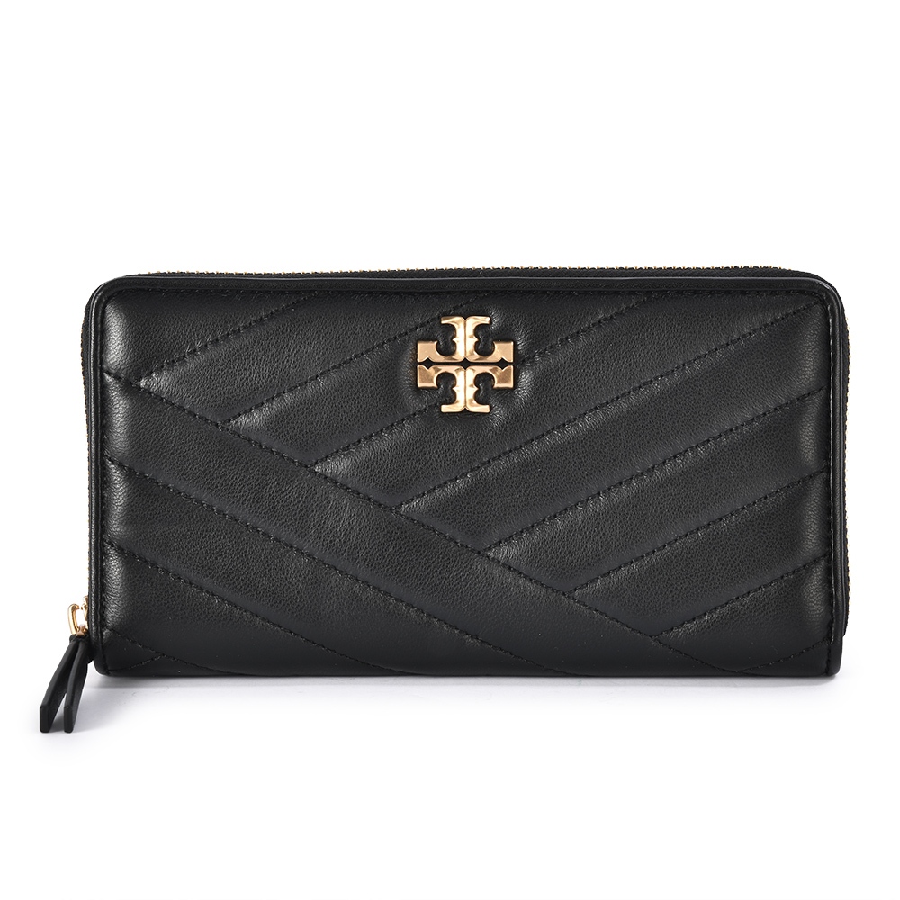 TORY BURCH Kira金字雙T絎縫小羊皮拉鍊長夾(黑色)151263-2