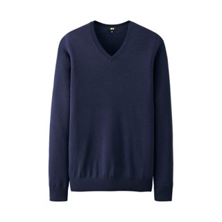 uniqlo男裝 精紡美麗諾V領毛衣(長袖)(可機洗)藍色M號-全新