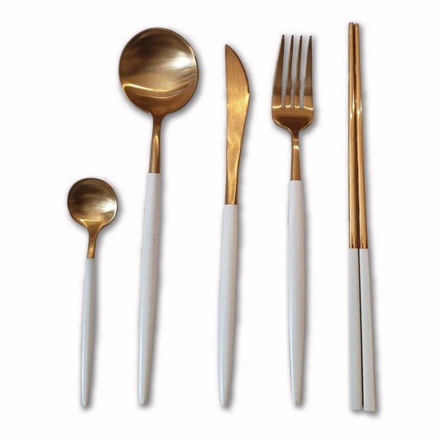 葡萄牙餐具 304不鏽鋼 金色  叉子+湯匙+餐刀+筷子+咖啡匙 五件組 Z083
