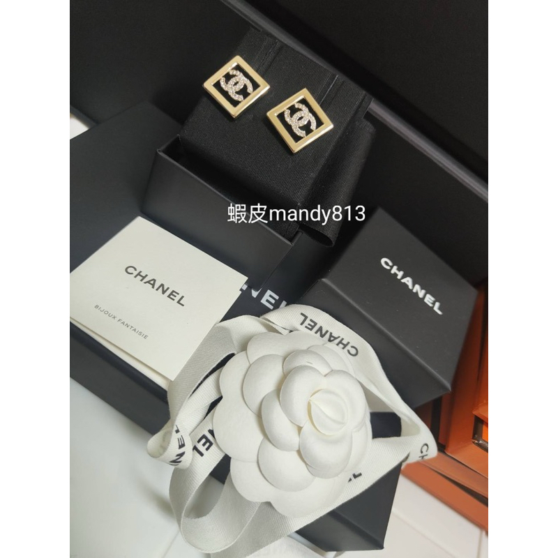 售全新Chanel 香奈兒淡金方塊鏤空水鑽耳環 方框鑲鑽雙C耳環