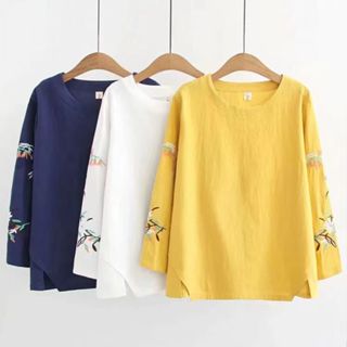 ｛莉莉安女裝｝純棉 襯衫女 長版上衣 大碼女裝 大尺碼上衣 刺繡長袖大碼打底衫春秋新款t恤復古女裝上衣碼媽裝