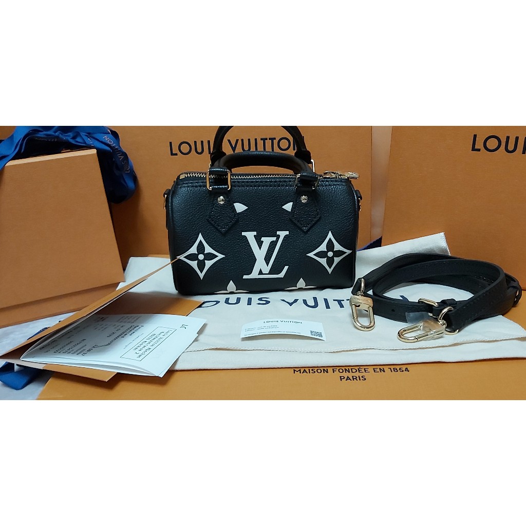 全新現貨 LV M81456 NANO SPEEDY 黑色牛皮白字紋波士頓包 手提包 斜背包 LOUIS VUITTON