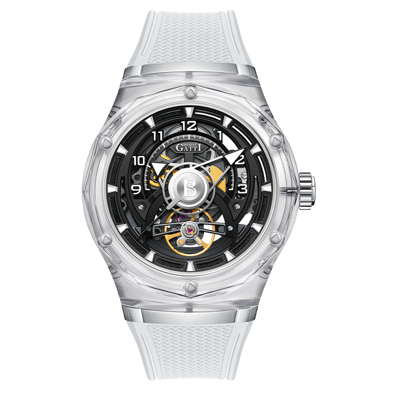 BONEST GATTI | 原廠授權布加迪 馳風競速系列 圓形鏤空設計造型 B字指針 氟橡膠錶帶 自動上鍊機械腕錶