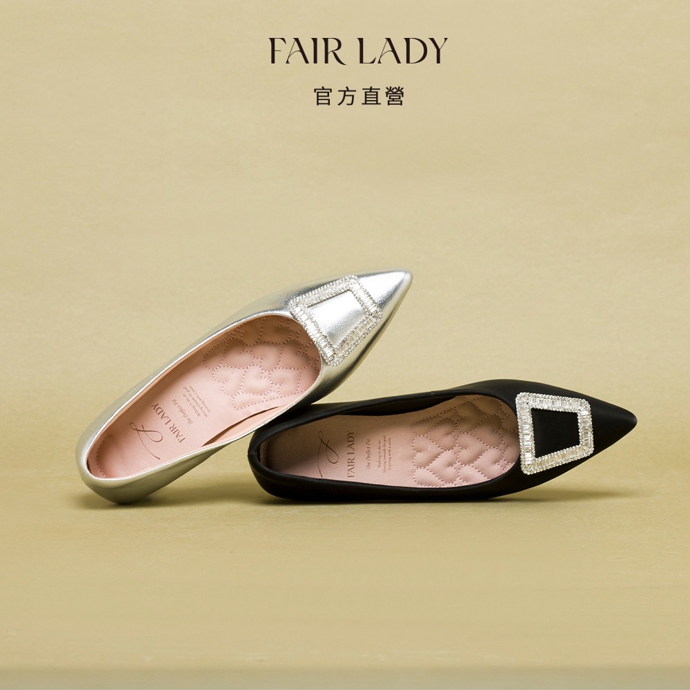 FAIR LADY  我的旅行日記 時髦優雅鑽釦尖頭平底鞋 銀箔色 絲綢黑色 (5A2879) 娃娃鞋 尖頭鞋