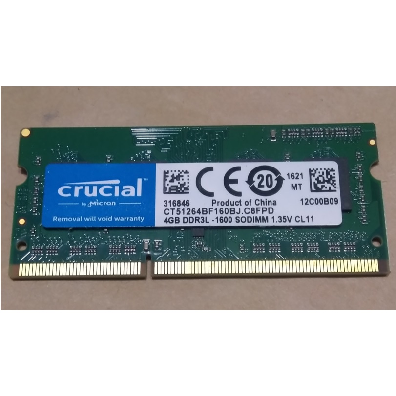 終保 美光Crucial 4G/DDR3L/PC3/1600 SODIMM 低電壓 NB記憶體